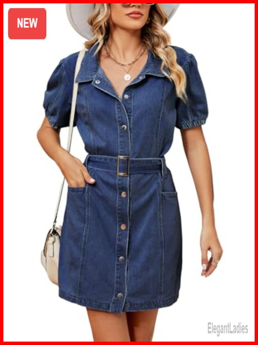 Denim Mini Dress Puff Short Sleeve Button Down Belted A-Line Pockets